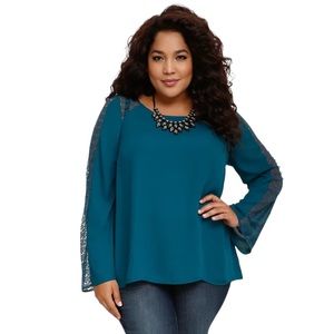 TORRID TEAL LACE GEORGETTE LONG SLEEVE BLOUSE SIZE 1X